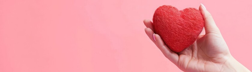 Obraz premium A hand holds a plush, red heart against a solid pink backdrop with copy space