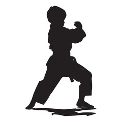 Simple and minimalistic kid boy karate fighter silhouette, black vector illustration on white background