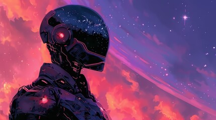 A futuristic robot stands against a backdrop of vibrant pink and purple nebulae. The robot's face is obscured by a helmet, but its glowing red eyes suggest sentience.