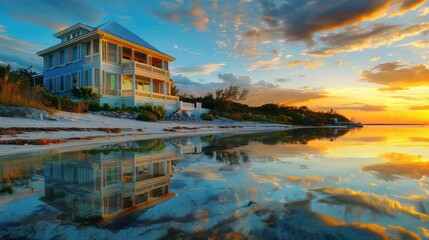 luxury beach villa with Bahama shutters in sunset gold, reflecting the rich hues of evening skies
