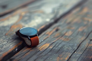 A smartwatch on a wooden background, the background subtly blurred for an adfriendly look