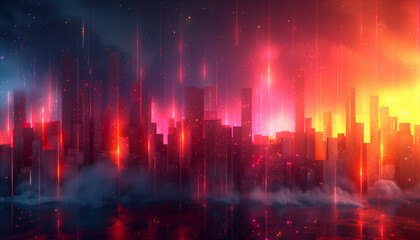 Vibrant Neon Cityscape: A Digital Abstract Artwork of a Futuristic Metropolis at Sunset
