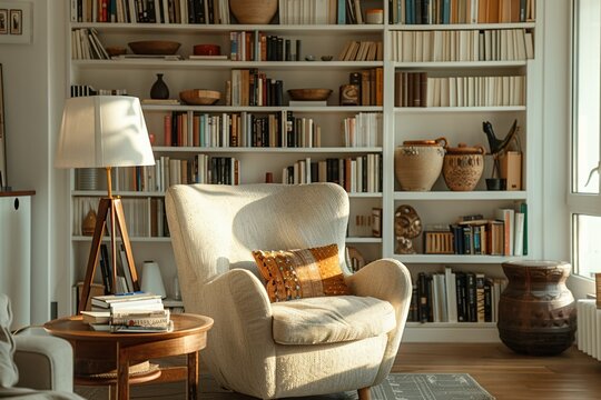 A modern living room featuring a stylish armchair, floor lamp, and a bookshelf filled with books and decorative items