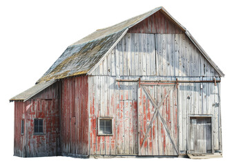Classic red and white wooden barn with sliding door in rural setting, cut out - stock png.
