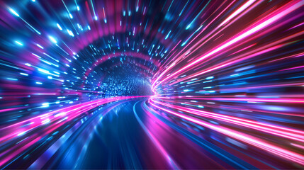 Dynamic colorful light streaks create a sense of speed and technological advancement against a dark background.