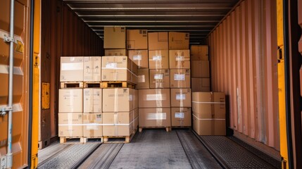 A large container of boxes is stacked in a warehouse