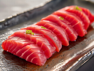 Several slices of fresh, bright red raw tuna arranged in a single row on a stylish plate, perfect for sushi or sashimi dishes.