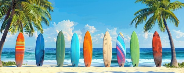 Array of brightly colored surfboards standing against palm trees on a pristine tropical beach with blue sea.