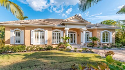 Mediterranean villa with bright white Bahama shutters, reflecting the sun's heat and complementing the stucco exterior