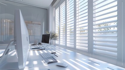 minimalist architecta??s office with Bahama shutters in pure white, providing a clean, unobtrusive look while managing light efficiently