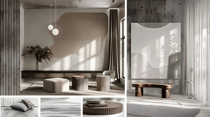interior design material sample moodboard with luxury surfaces like marble and wood