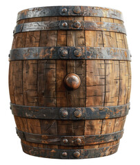 Fototapeta premium A close-up view of a weathered wooden barrel with metal bands, cut out - stock png.