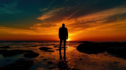 silhouette of a person standing by the sea against a beautiful sunset background. The color of the sky changes from dark blue to bright orange, creating a dramatic and calming view.