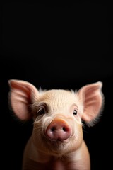 Pig isolated against dark black background.  Farm animal.  Blank backdrop with space for text