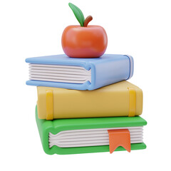 3d stack of books and apple on them. Notebook icon, school library, education concept. Back to school concept. 3d render illustration