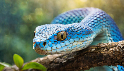 Fototapeta premium Close-up of a vibrant blue viper snake, showcasing its striking scales and intense yellow eyes as it rests on a branch in its natural habitat.