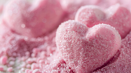 Fototapeta premium Close up of pink glitter hearts on sparkling background, Copy space ,Valentines Day, Romantic Concept,Marmalade hearts covered with sugar on a sparkling pink background 
