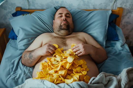Corpulent man lying in bed, eating unhealthy chips
