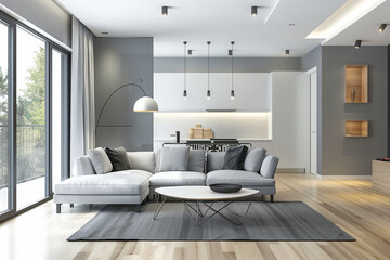 Fototapeta premium Bright and open living room, kitchen in background