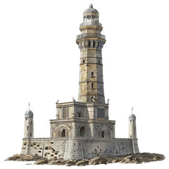 Obraz premium A detailed illustration of an ancient lighthouse with stone architecture, surrounded by rocky terrain.