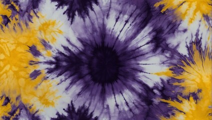 A vibrant tie-dye artwork displays an abstract purple and yellow pattern with intricate designs, showcasing a vivid artistic style.