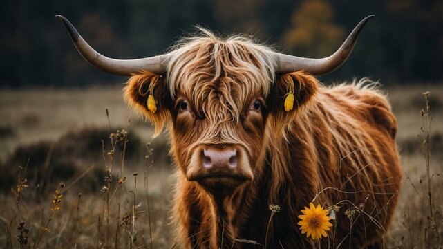 A highland cow with striking horns stands in an open field, adorned with yellow flowers, creating a picturesque rural scene.