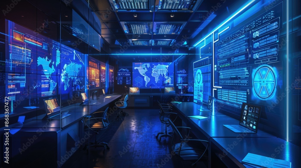 Poster a hightech cyber security command center features multiple monitors and a display of the world map a