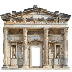 Obraz premium Ancient stone temple facade with Corinthian columns and statues, depicting classical architectural style, isolated on white background.