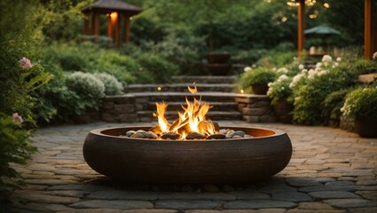 A cozy fire pit sits in a garden patio surrounded by blooming plants and greenery, creating a warm outdoor ambiance.