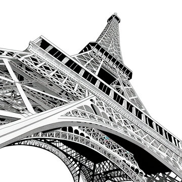 Artistic black and white illustration of the Eiffel Tower from a low angle, showcasing its intricate architectural details.