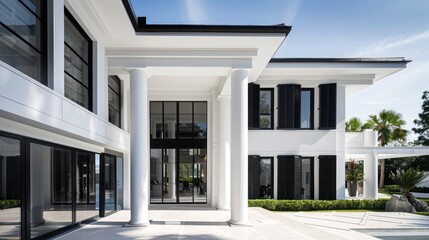 Fototapeta premium modernist mansion with black Bahama shutters, creating a striking contrast against its white walls