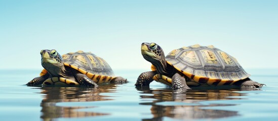 Fototapeta premium Two turtles are standing next to each other on a white surface
