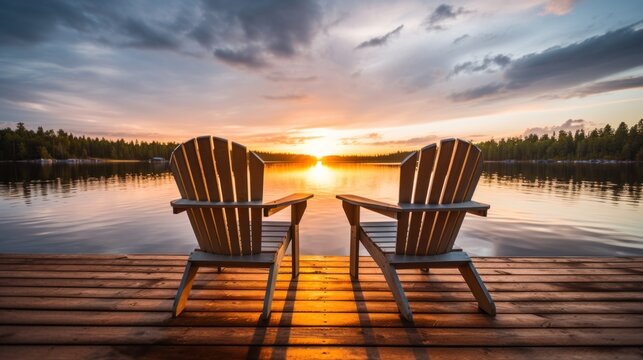 Two wooden chairs are on a dock overlooking a lake