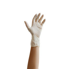 Hand wearing a white latex glove, raised in a gesture. Ideal for medical, healthcare, or hygiene-related stock images.