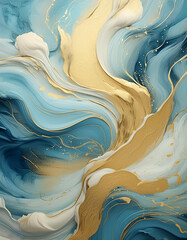 Luxury background with blue and gold 3d paint waves and splashes