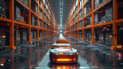 A warehouse with orange shelves and orange robots