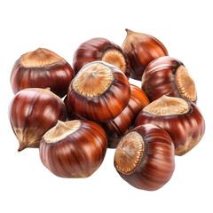 Obraz premium Group of fresh, whole hazelnuts with shells isolated on white background. Perfect for culinary uses and healthy snack ideas.