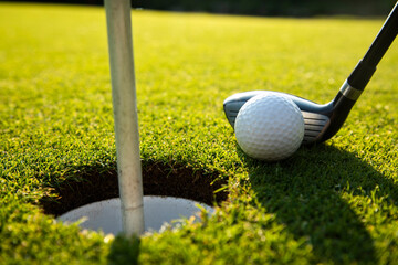 Closeup Golf ball on green grass on course, Sport and lifestyle