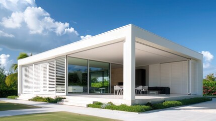 Fototapeta premium modernist pavilion with large white Bahama shutters, offering a stark contrast to the minimalist structure and enhancing its geometric beauty