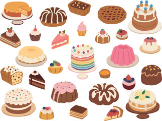 Dessert, cake isometric flat icon collection. 20+ piece of cake vector illustration