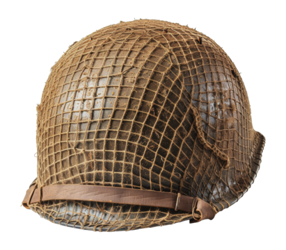 World war two era soldiers helmet with camouflage netting, cut out - stock png.