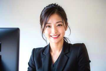 デスクワーク中の黒いスーツを着たキャリアウーマン