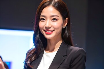 プレゼン中に笑顔を浮かべる日本人女性