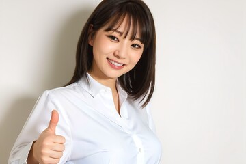 同僚にサムズアップポーズを向ける笑顔の女性