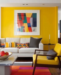 Living space with contemporary art and a yellow minimalist wall