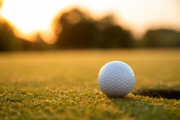 Closeup Golf ball on green grass on course, Sport and lifestyle