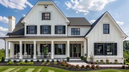 Obraz premium modern farmhouse with elegant black Bahama shutters, contrasting beautifully with white siding