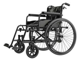 Black wheelchair with black upholstery and spokes, cut out - stock png.