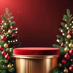 Empty Podium christmas tree with gifts and decorations