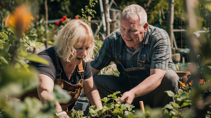 Mann und Frau als Ehepaar arbeiten gemeinsam im Garten und haben Spaß beim Landschaftsbau